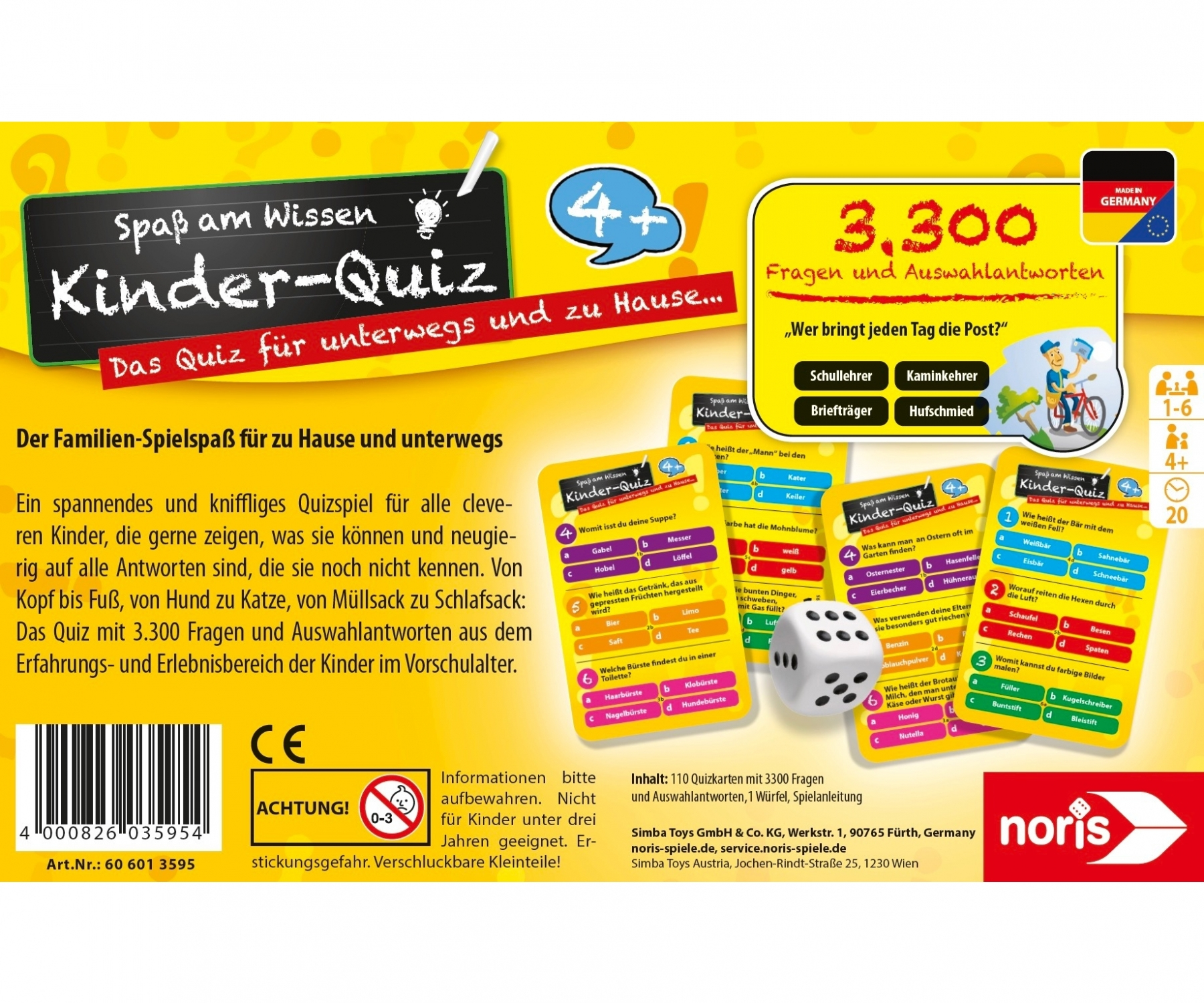 Kinderspielquiz in der Box mit Text und Bildern. Enthält Würfel, Karten und Anweisungen.