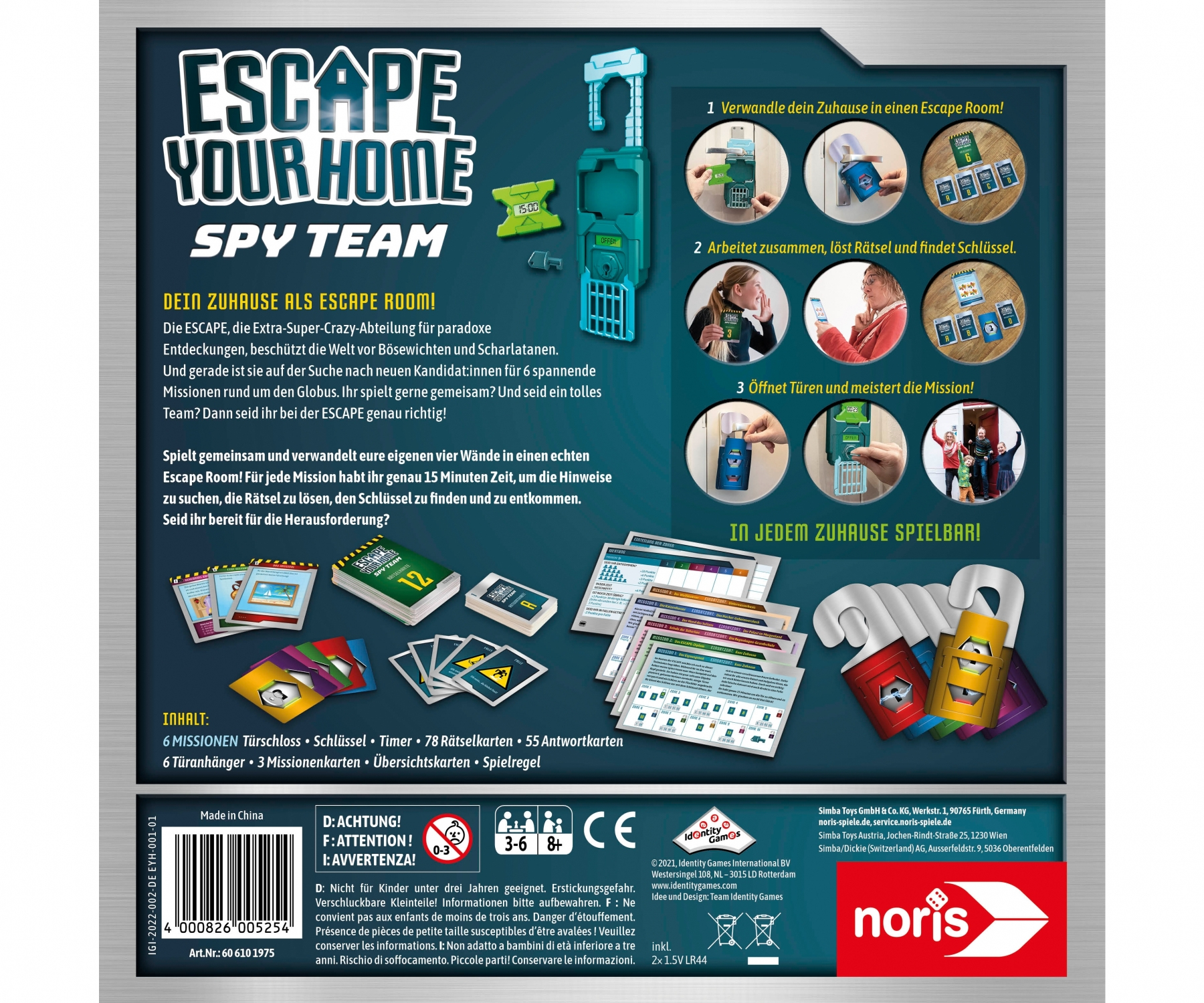 Boîte du jeu 'Escape Your Home'. Texte et images sur la boîte montrent les éléments et instructions du jeu.