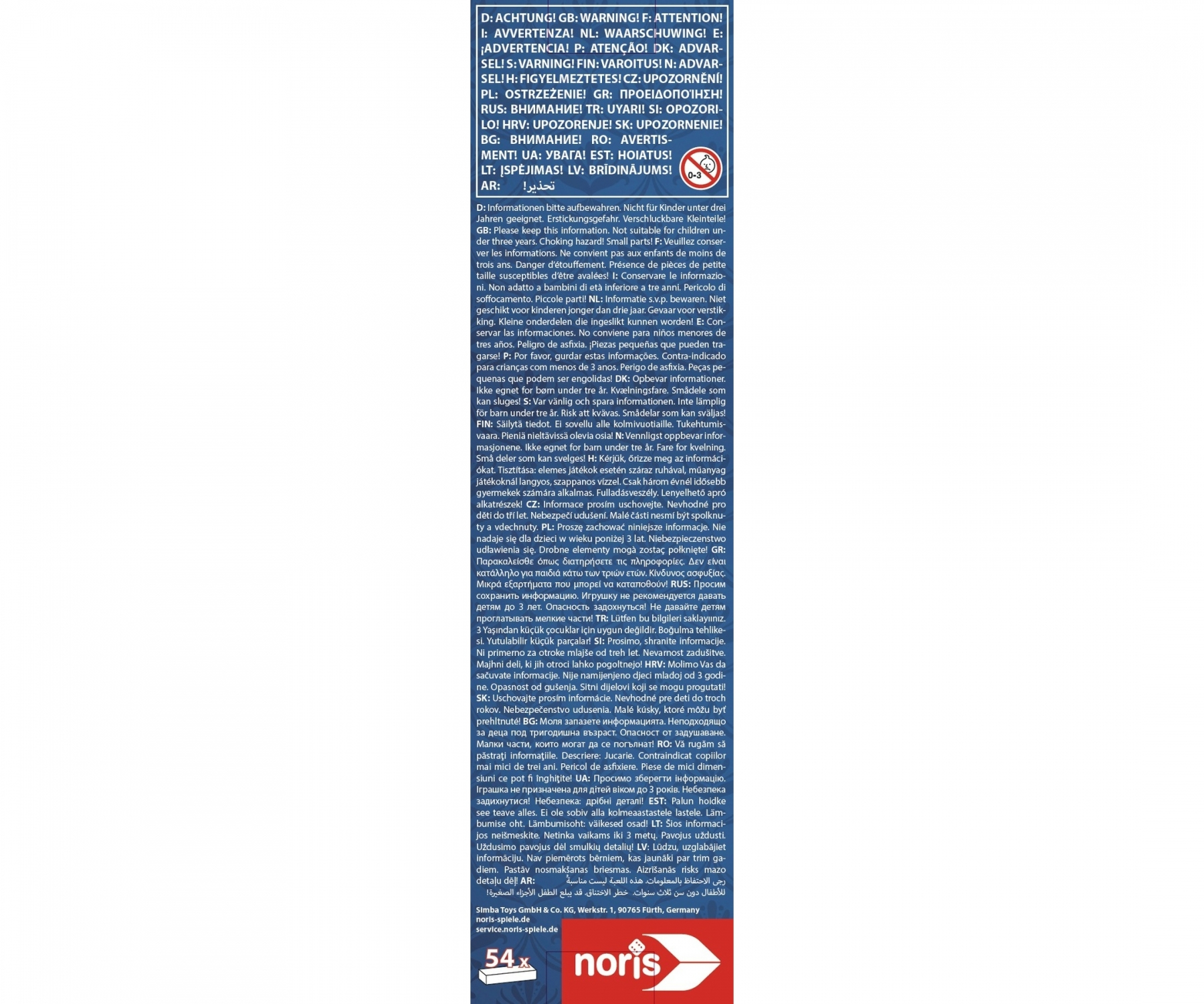 Ein Warnhinweis mit Text in mehreren Sprachen und einer kleinen Kinderillustration.