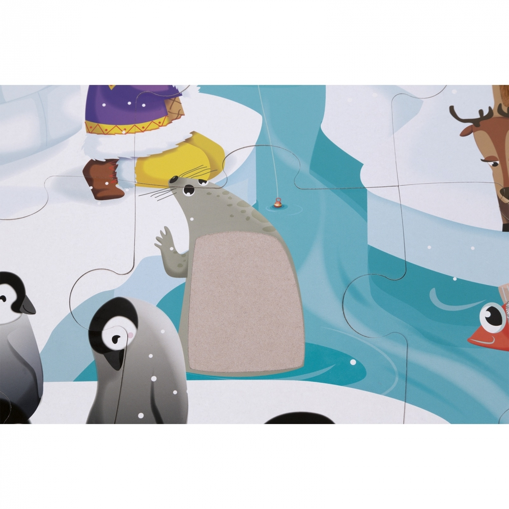 Element układanki pokazuje machającą fokę, osobę łowiącą ryby i pingwiny na lodzie. Niebo jest niebieskie.