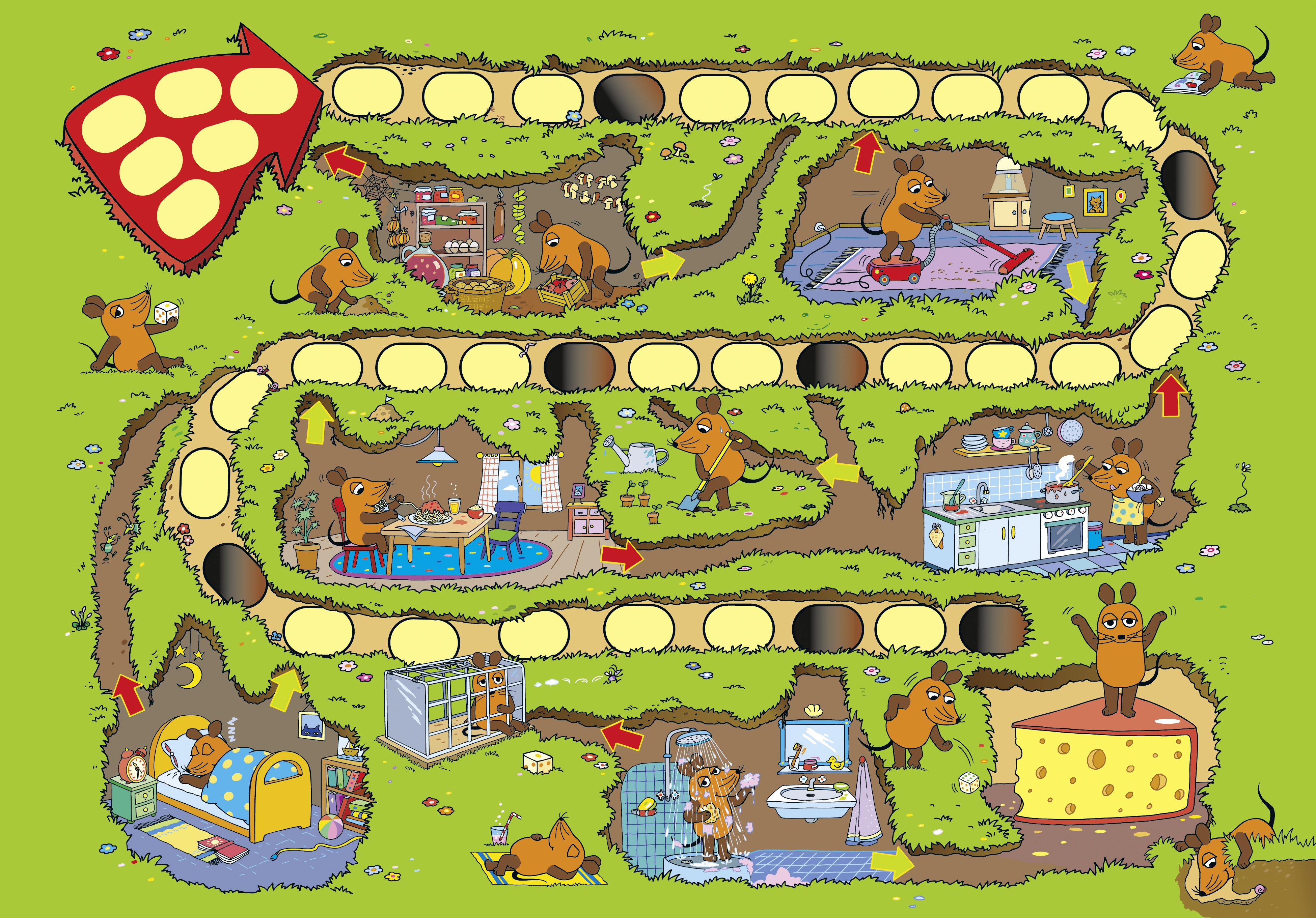 Brettspiel-Illustration. Ein Brett mit einem Pfad, Mäusen, Häusern und einem Käse am Ende.
