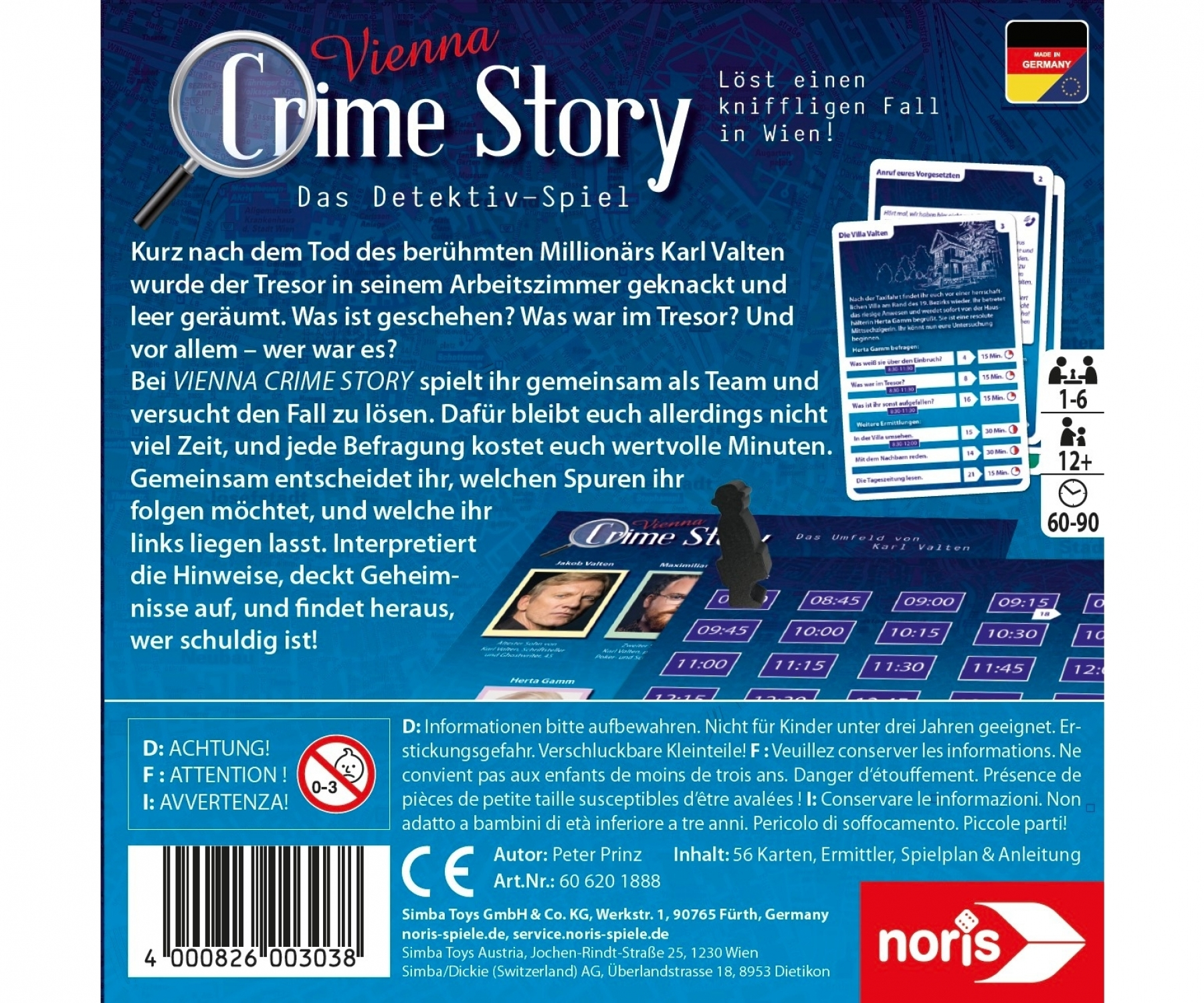 Gra planszowa w pudełku, Vienna Crime Story, z tekstem, obrazami i grafiką lupy.