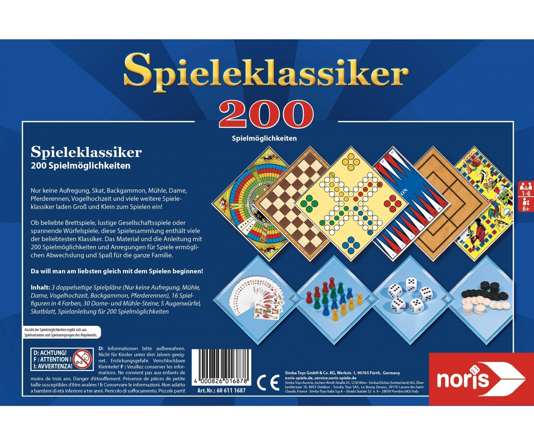 Box mit Brettspielen, darunter Schach, Backgammon und andere. Text auf Deutsch.