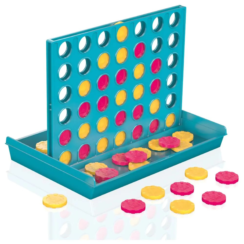Ein Connect Four-Spiel mit türkisem Rahmen und rosa und gelben Spielsteinen auf weißem Hintergrund.