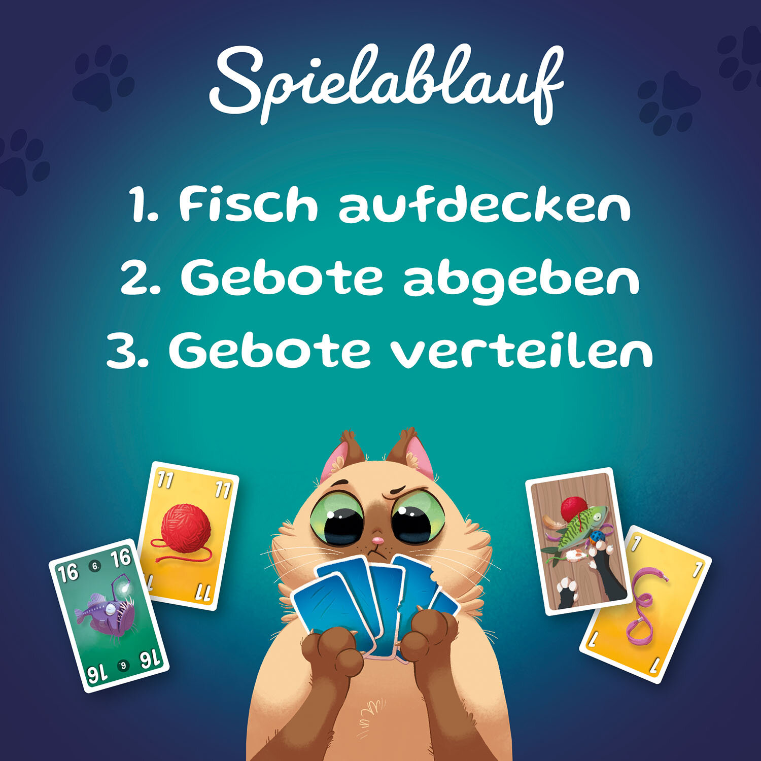 Un gatto con carte, istruzioni per un gioco di carte. Le carte mostrano pesci, lana e numeri. Sfondo blu.