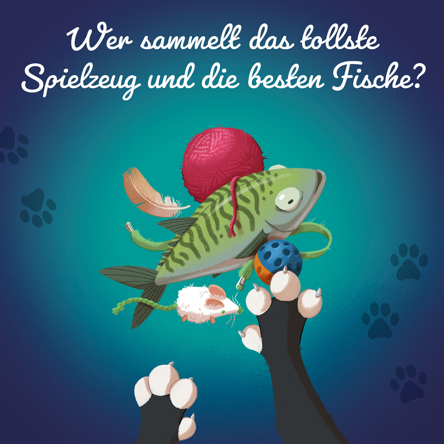 Illustrazione di zampe di gatto e un pesce con giocattoli su sfondo blu scuro. Testo in tedesco.