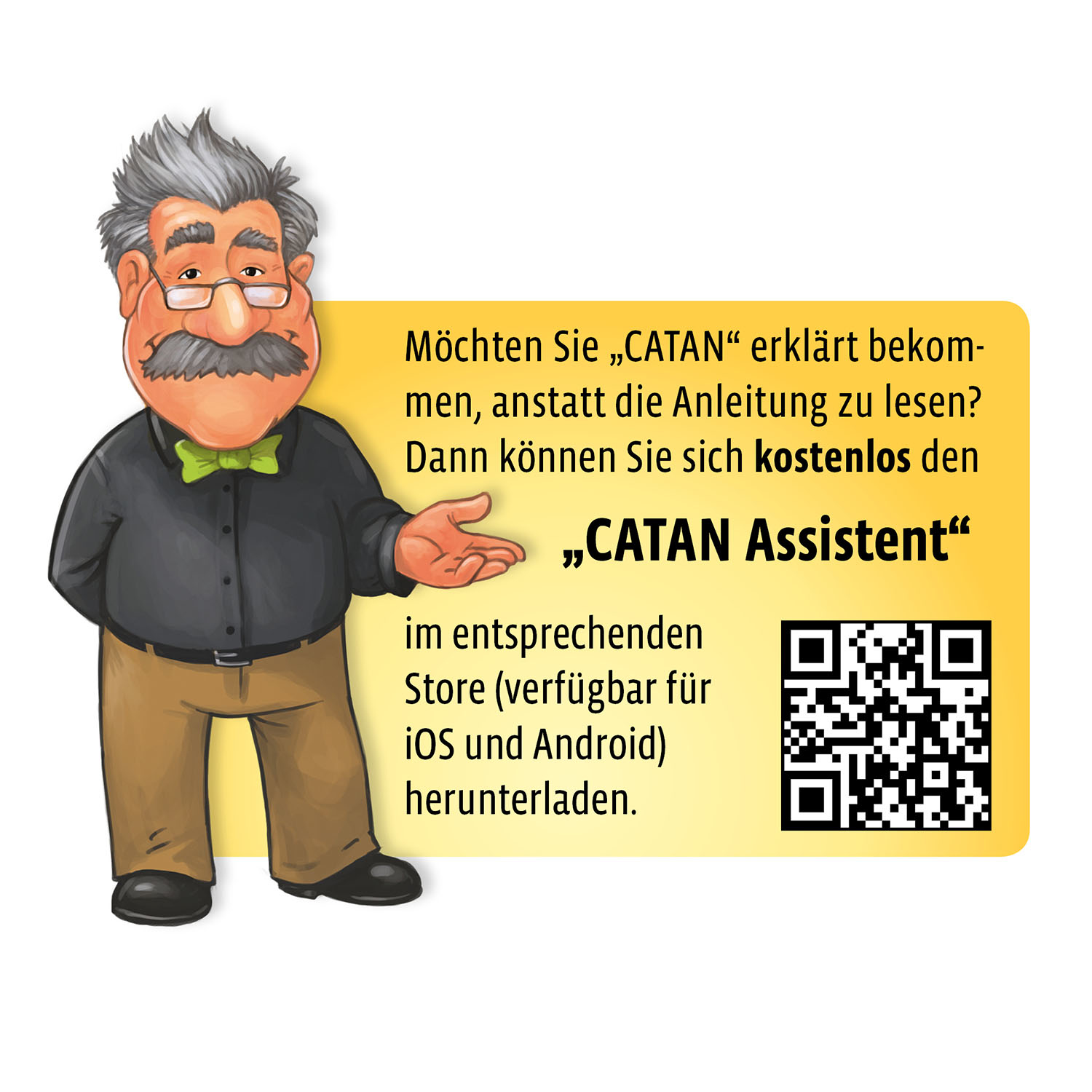 Kreskówka przedstawiająca mężczyznę z tekstem o aplikacji Catan Assistant i kodem QR.