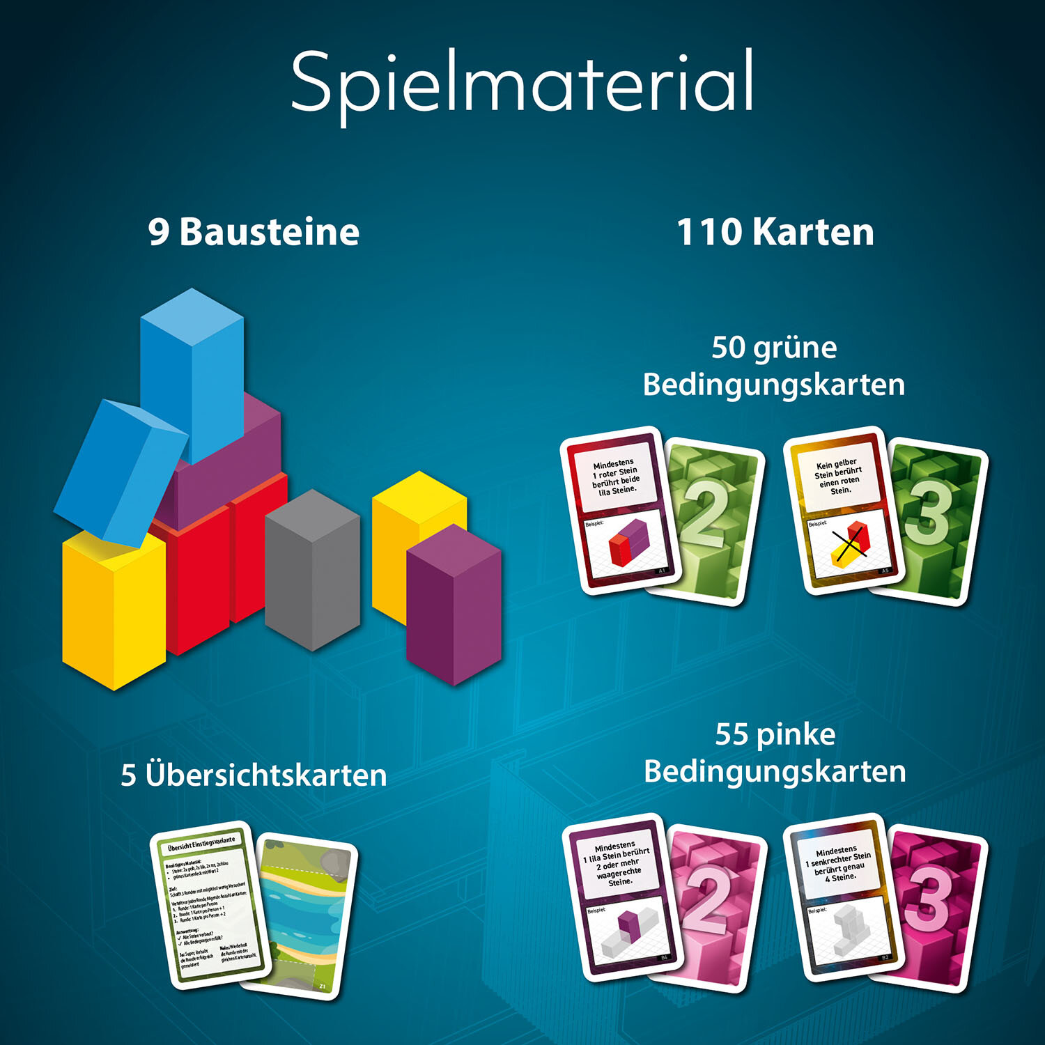Spielmaterialien werden gezeigt, darunter farbige Blöcke und Karten mit Anweisungen.