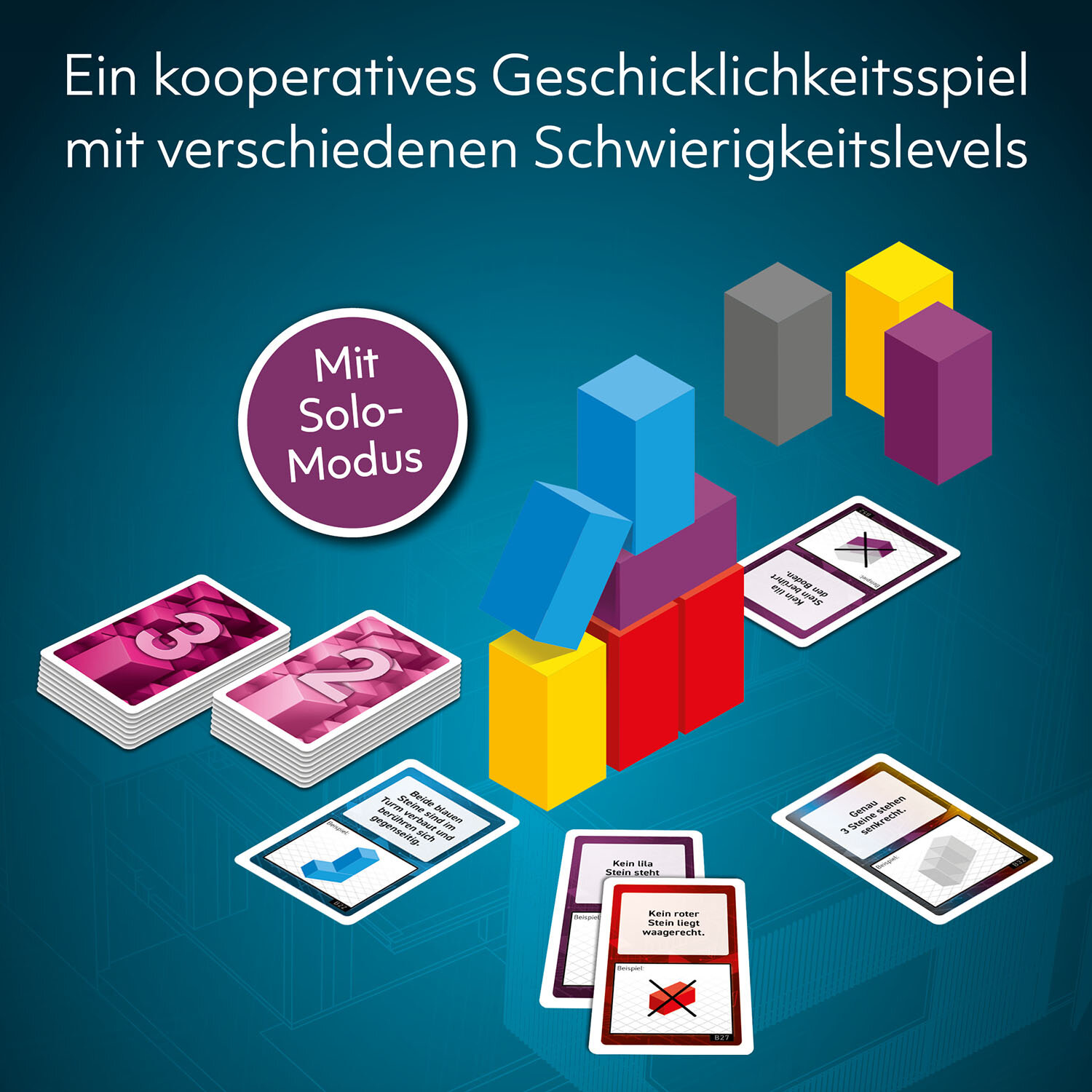Brettspiel-Setup mit farbigen Blöcken, Karten und Spielsteinen. Text sagt 'Kooperatives Geschicklichkeitsspiel'.