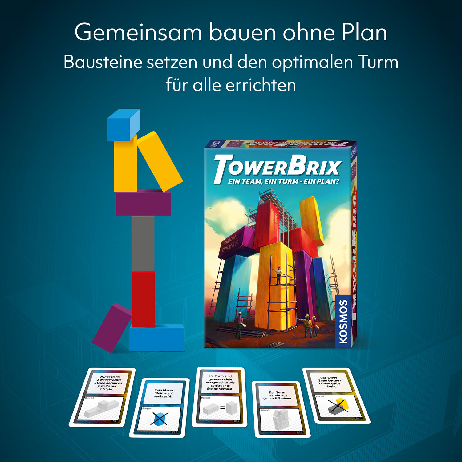 Eine Spielbox mit bunten Blöcken. Die Box zeigt einen Turm aus Blöcken und einige Karten.