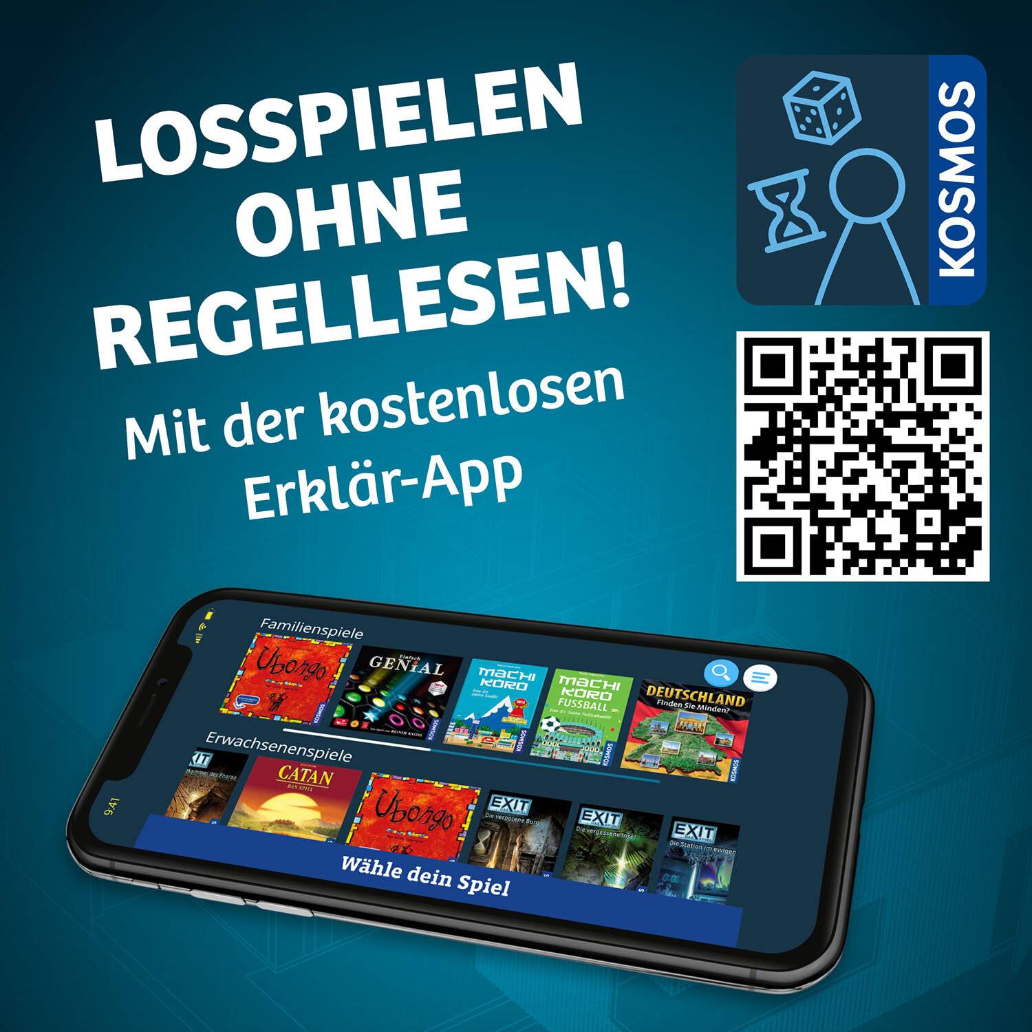 Ein Telefon zeigt Brettspiele an, mit Text auf Deutsch darüber. Ein QR-Code und ein Logo sind oben rechts.