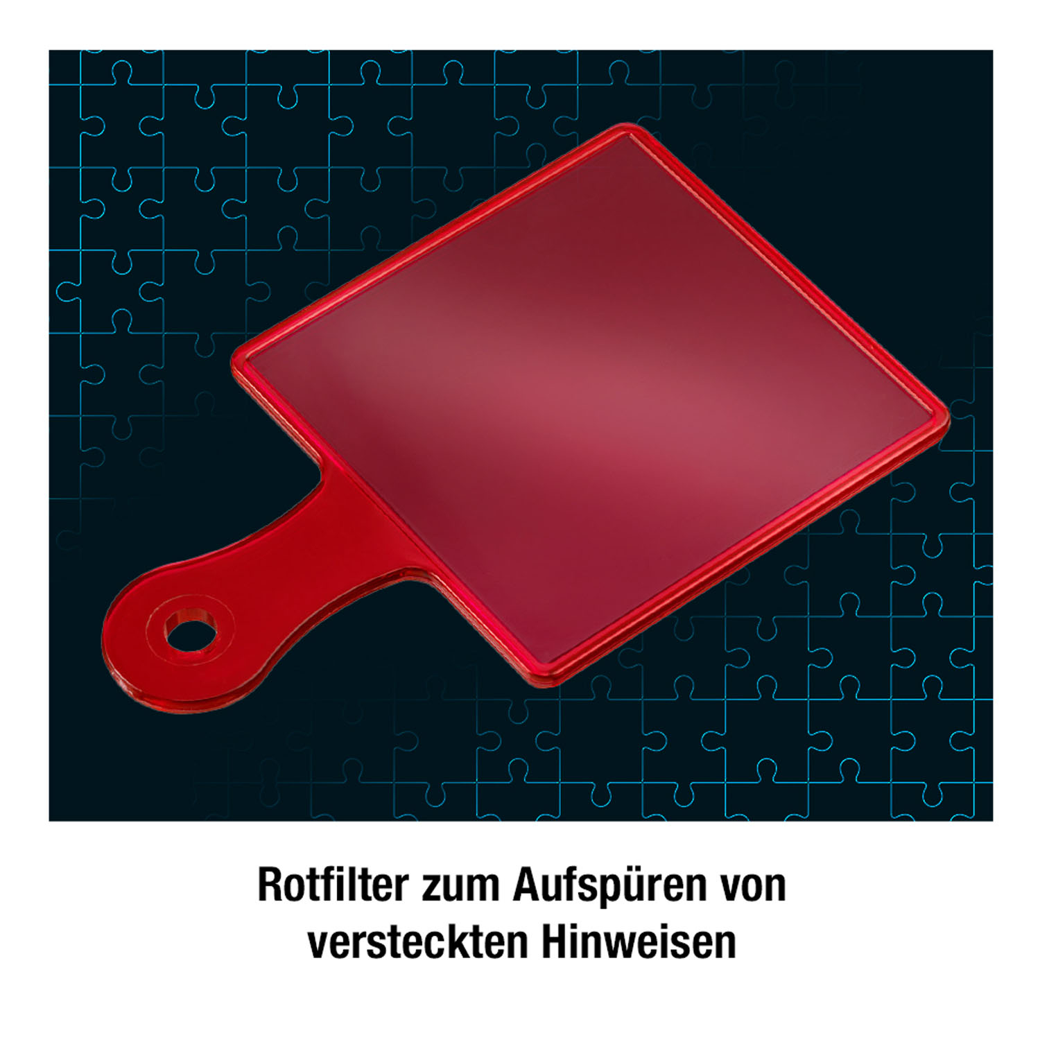 Filtro quadrato rosso con manico su sfondo puzzle. Testo: Filtro rosso per trovare indizi nascosti.