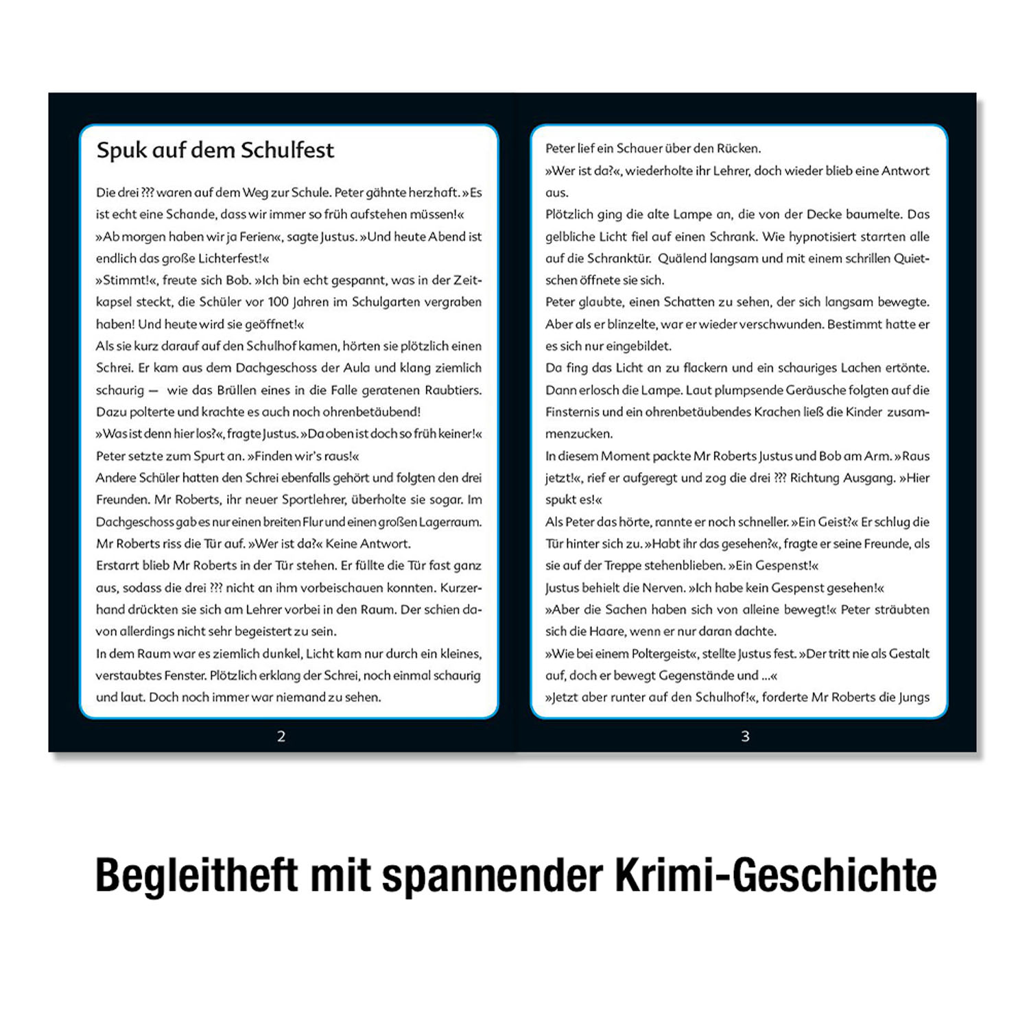 Una pagina di testo in tedesco intitolata 'Die 3 Fragezeichen'. La pagina contiene immagini e testo.