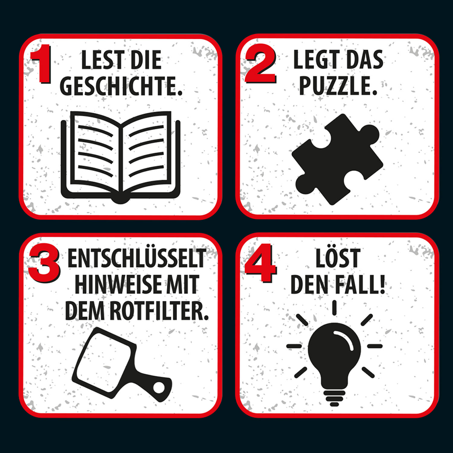 Quattro quadrati che mostrano i passaggi per risolvere un mistero: leggere un libro, assemblare un puzzle, usare un filtro e trovare un indizio.