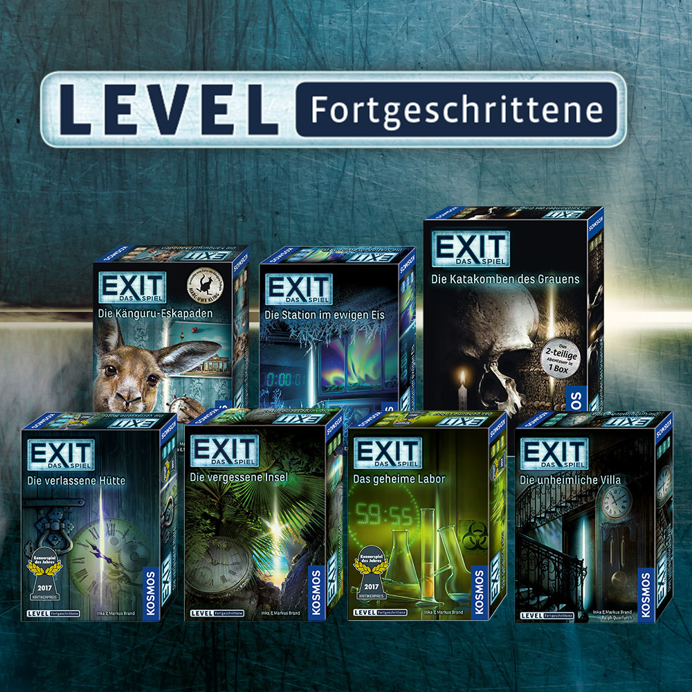 Boxed EXIT-Spielserie. Sieben Spielboxen mit farbenfrohen Designs und Titeln sind auf dunklem Hintergrund angeordnet.
