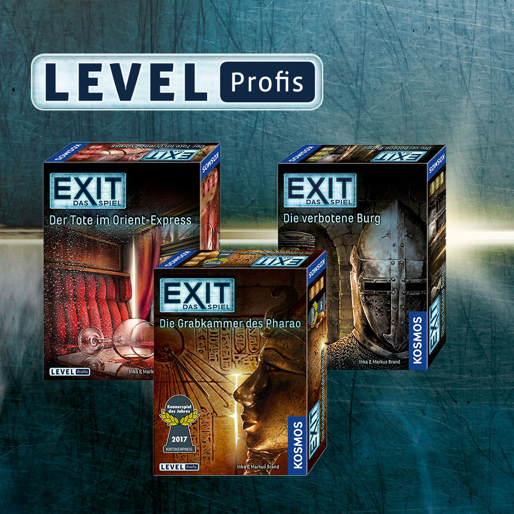 Drei Schachteln EXIT-Brettspiele mit dem Label 'Level Profis'.