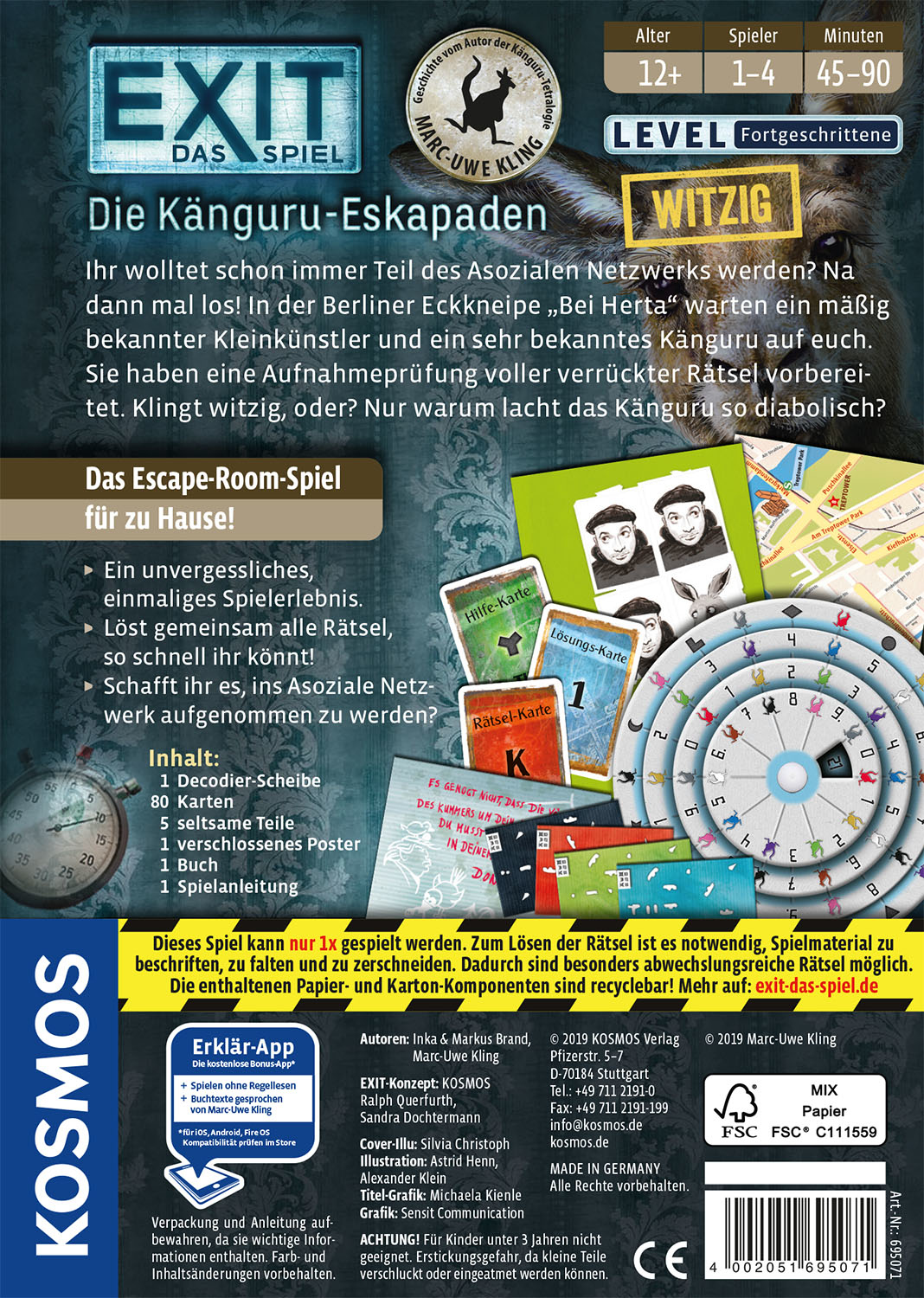 Die Rückseite einer Exit: Das Spiel-Box. Sie zeigt Bilder, Text und einen Spielüberblick vor weißem Hintergrund.