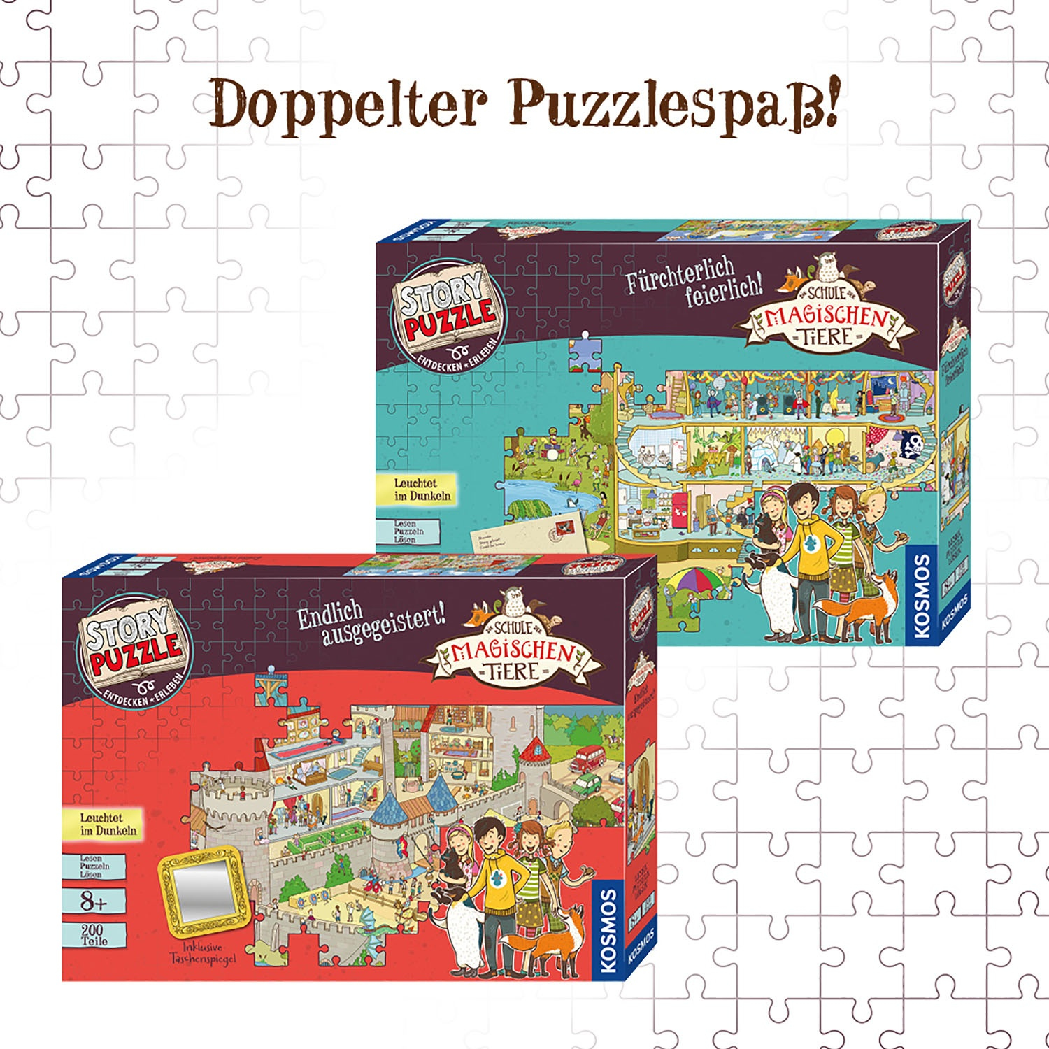 Zwei Puzzledosen. Jede zeigt eine fertige Puzzleszene mit bunten Bildern.