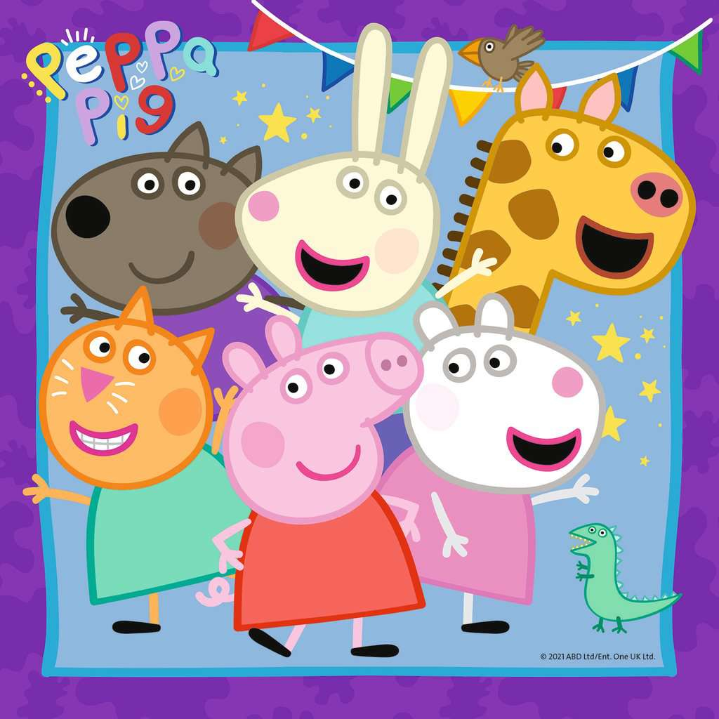 Peppa Pig e amici: cane, coniglio, giraffa, gatto e pecora festeggiano con stelle.