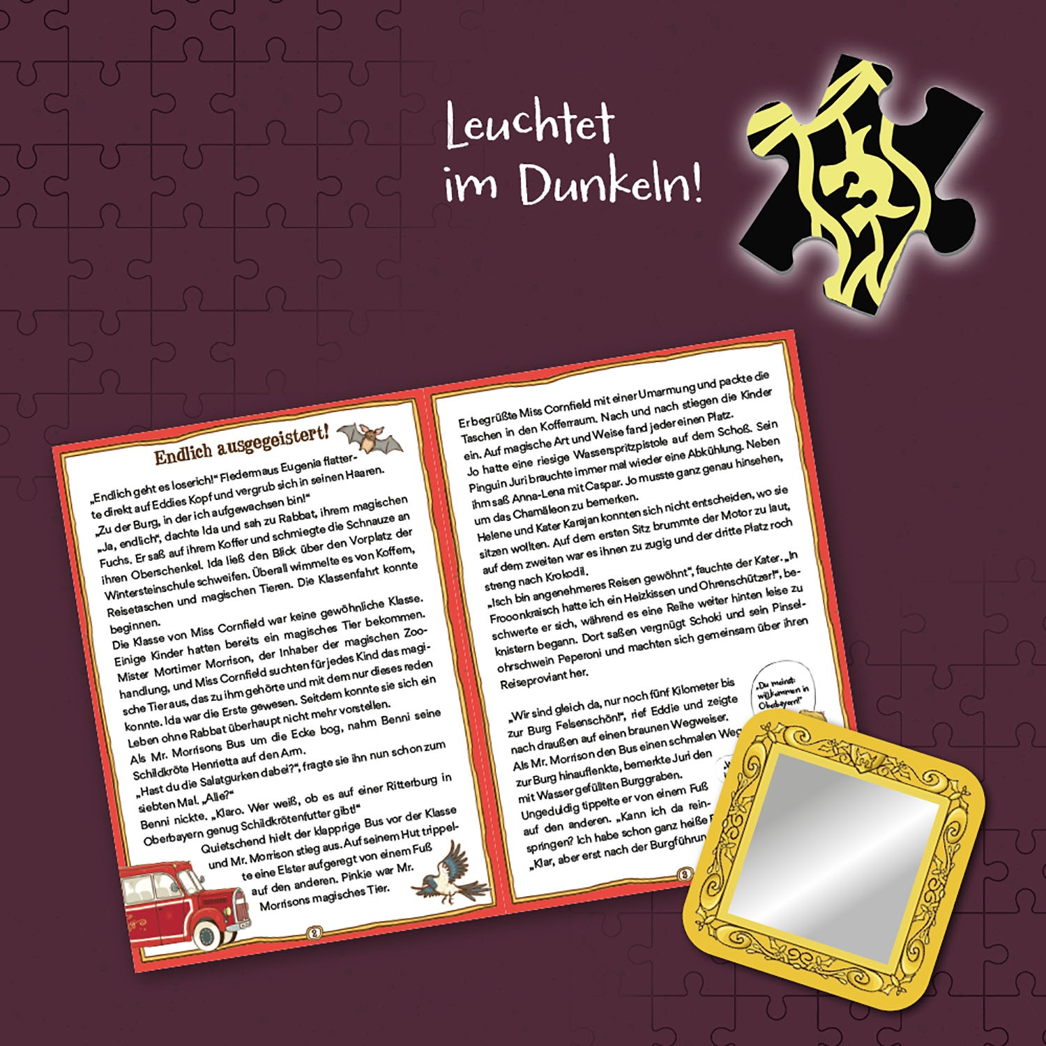 Ein Puzzlespiel mit einer Fledermaus, einem Auto und einem Spiegel auf blauem Hintergrund. Der Text ist auf Deutsch.