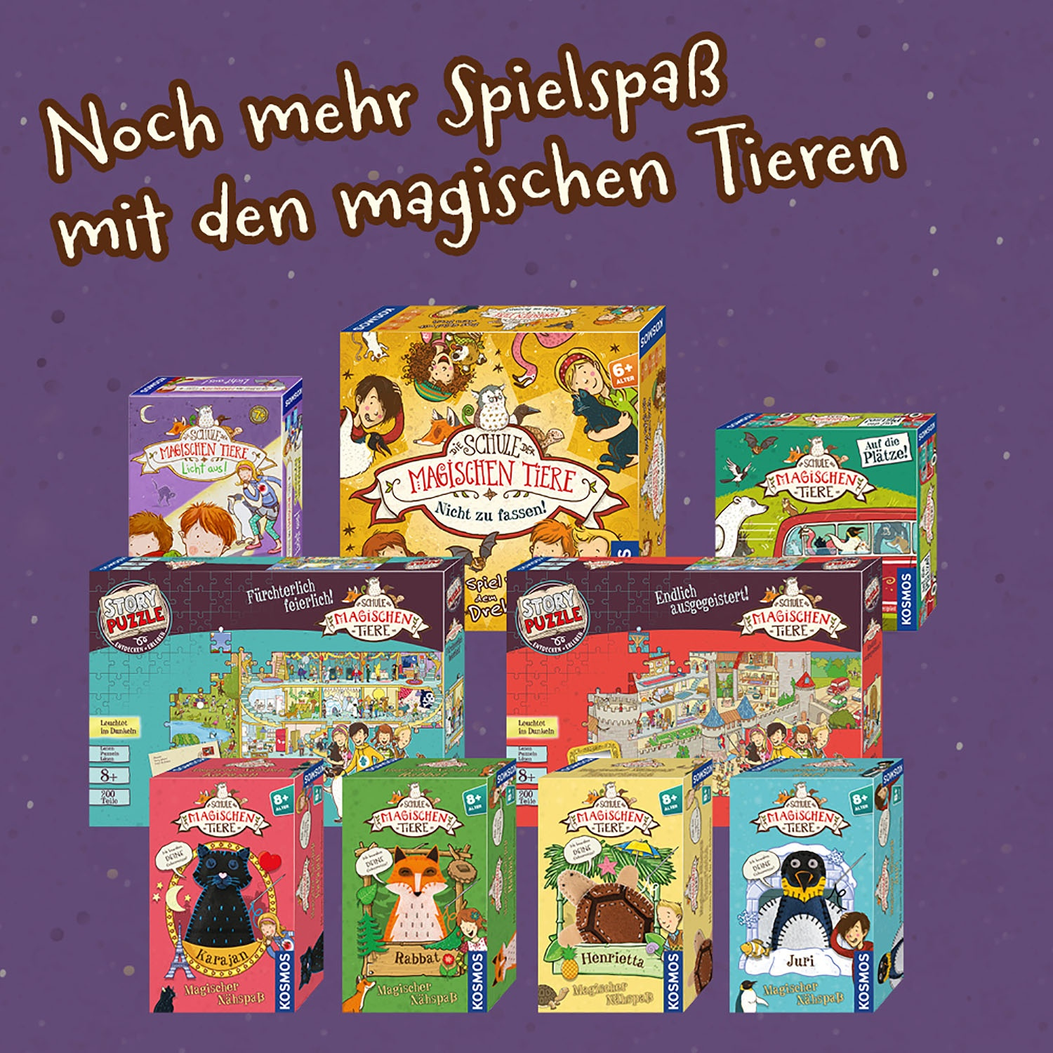 Verschiedene Schachteln mit Kinderspiel, mit bunten Illustrationen und Text.