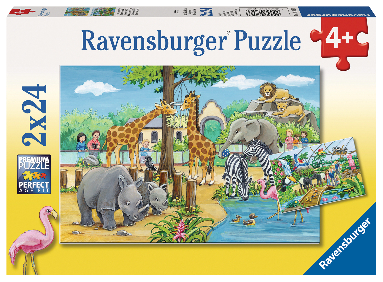 Pudełko z puzzlami Ravensburger ze sceną w zoo. Zwierzęta to m.in. żyrafy, słonie i nosorożce.