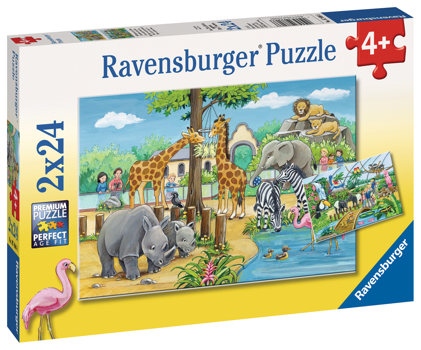 Pudełko z puzzlami ze zwierzętami z zoo i obrazkiem z puzzli. Widać żyrafy, zebry i inne zwierzęta.