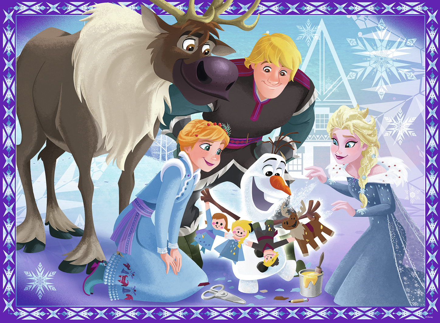 Zeichentrickfiguren von Frozen: Elsa, Anna, Kristoff, Sven und Olaf sind zusammen. Die Szene ist fröhlich.