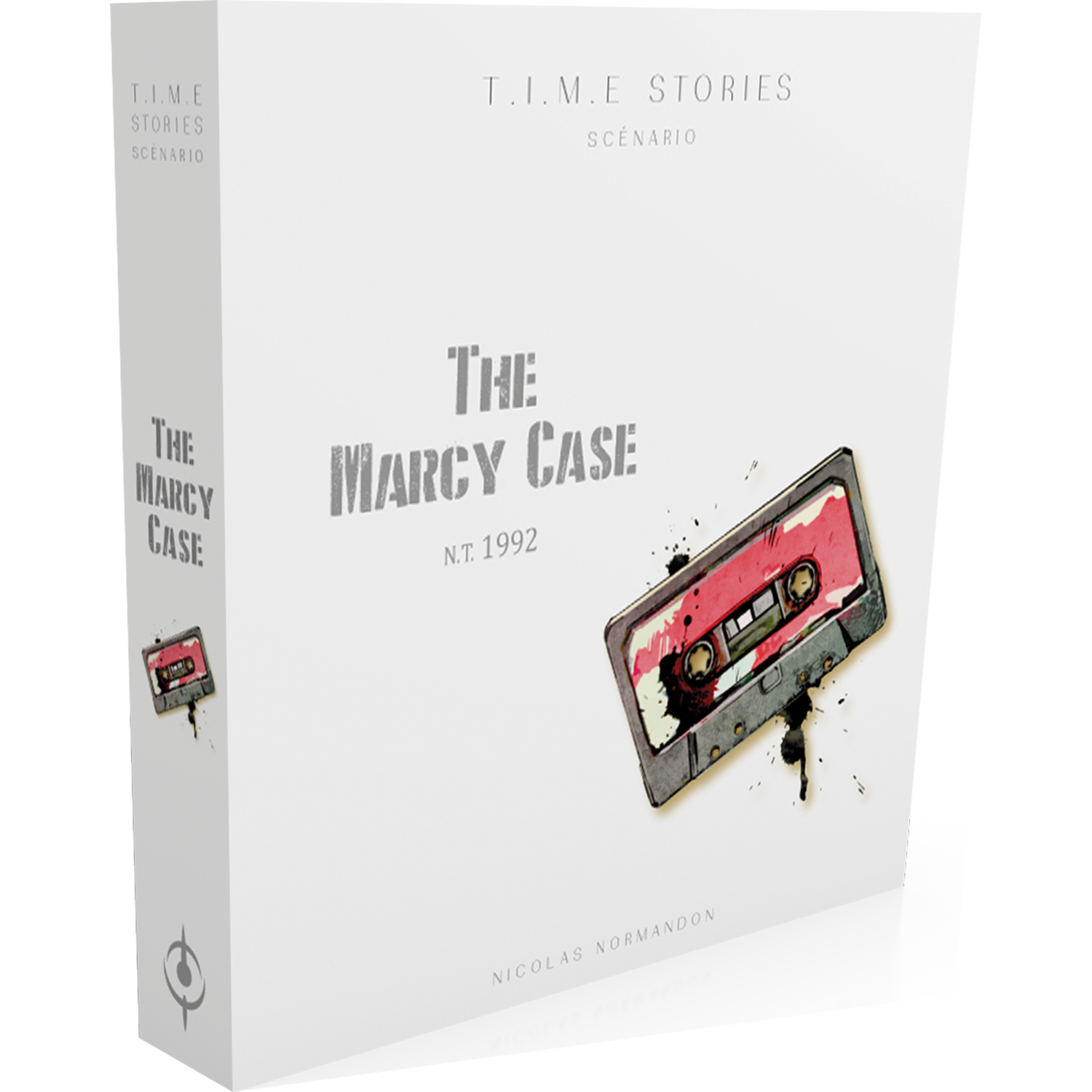 Spielbox mit dem Titel 'The Marcy Case' mit Kassettenband-Illustration und Text, weißer Hintergrund.