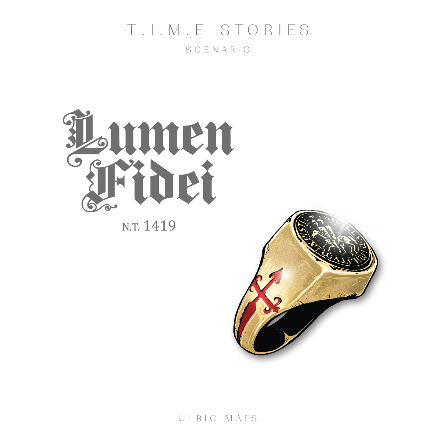 Spielebox-Design. Goldener Ring mit rotem Kreuz. Text: Lumen Fidei. Weißer Hintergrund.