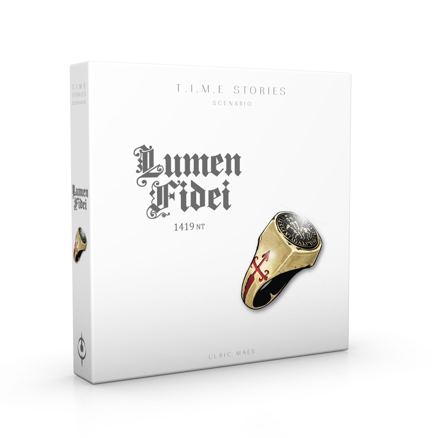 Brettspielbox mit dem Titel 'Lumen Fidei'. Weiße Box mit grafischem Goldring. Text auf Englisch. Weißer Hintergrund.