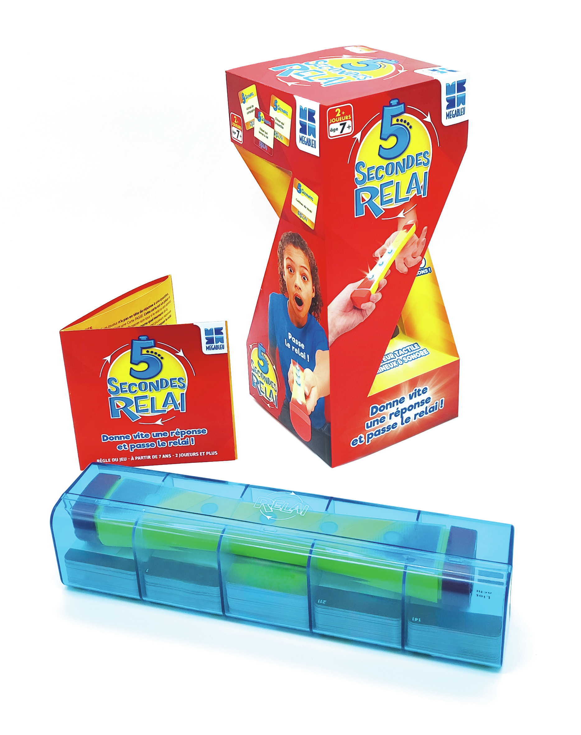 Pudełko i komponenty gry planszowej. Czerwone pudełko z tekstem i niebieskie etui.