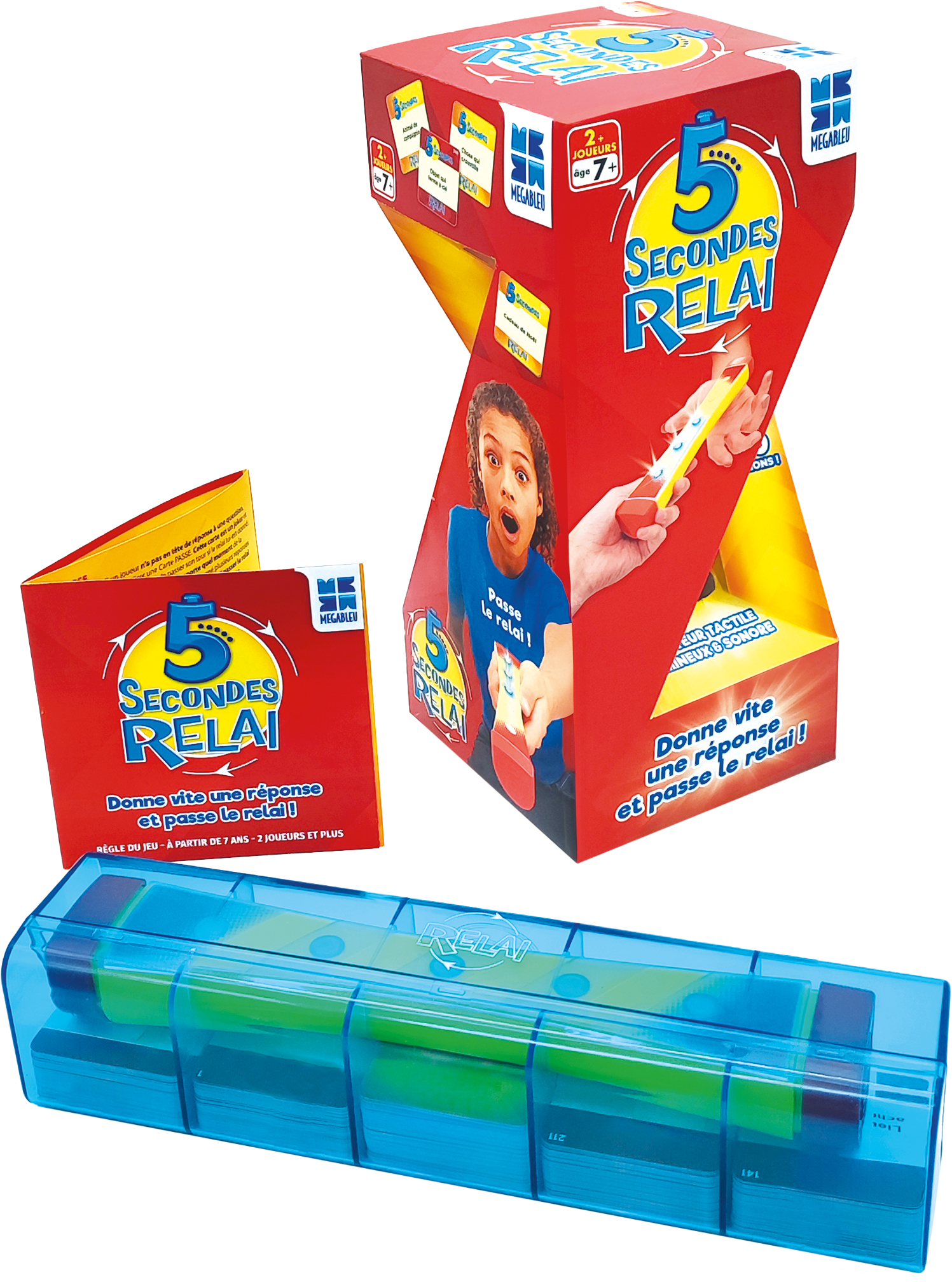 Pudełko z grą z timerem, kartami i instrukcjami. Osoba na pudełku. Kolory czerwony i niebieski.