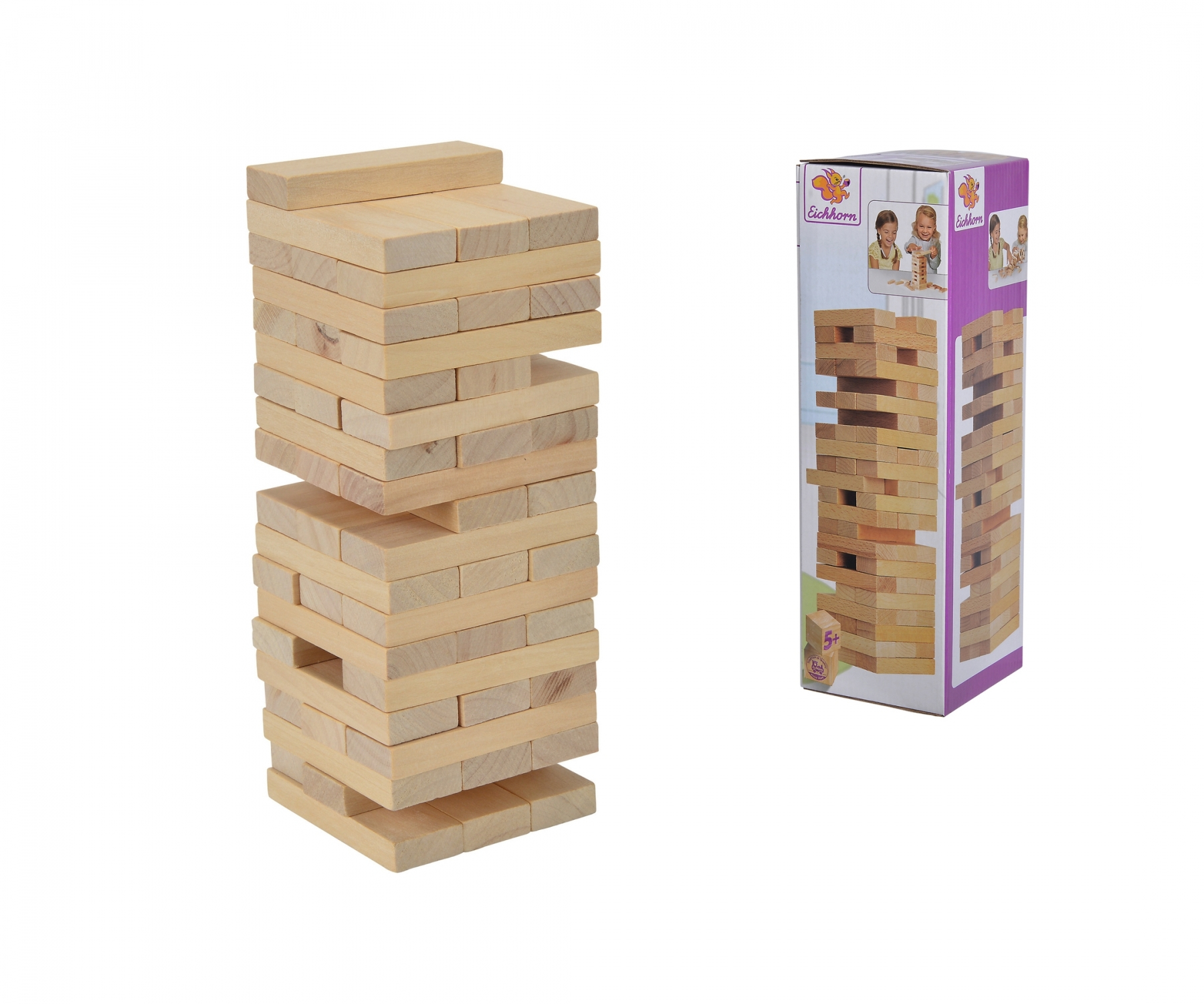 Ein Turm aus Holzblöcken und eine Schachtel mit demselben Spiel. Der Turm ist teilweise gebaut.