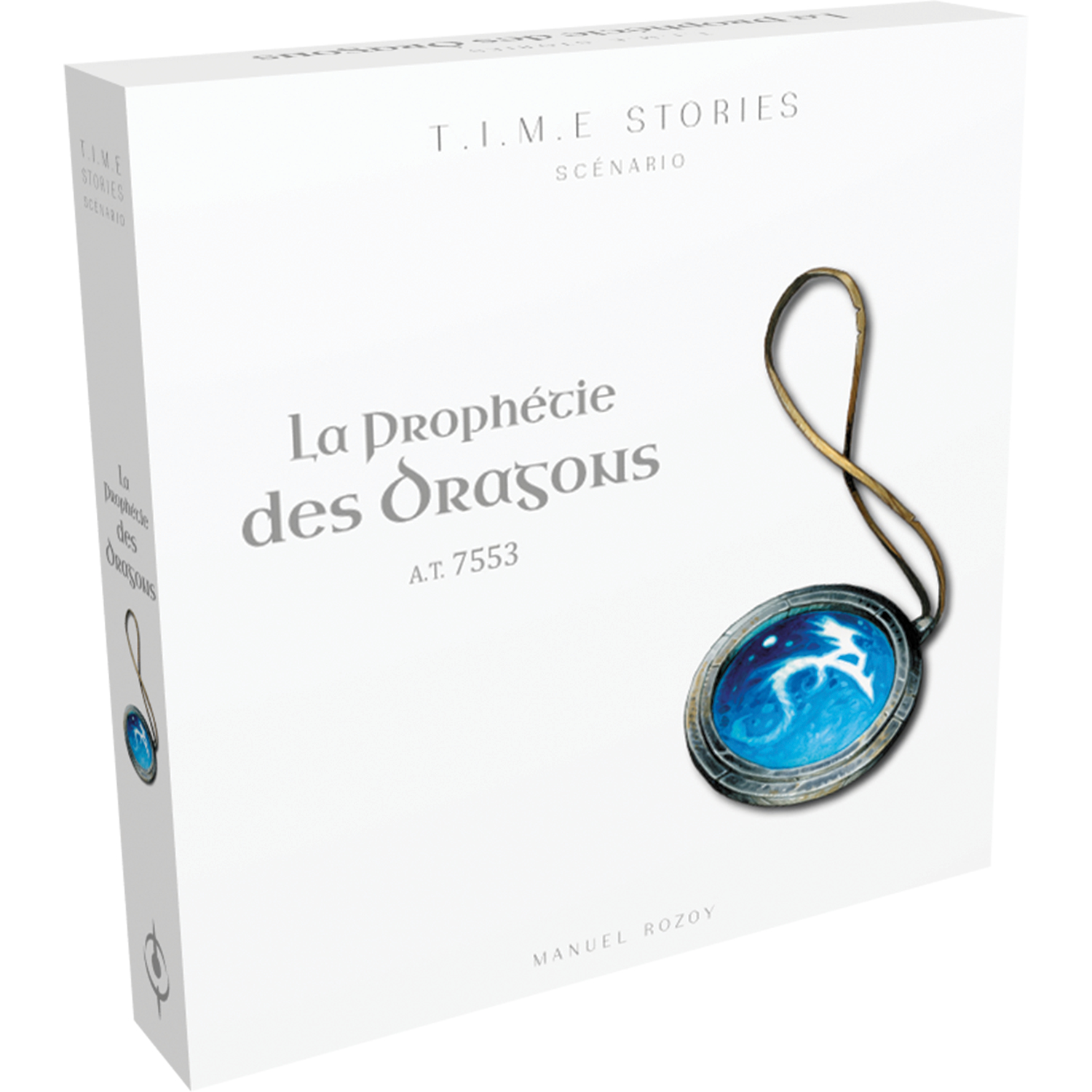 Eine Spielbox mit dem Titel 'La prophétie des Dragons', einem Anhänger und dem 'T.I.M.E Stories' Logo.