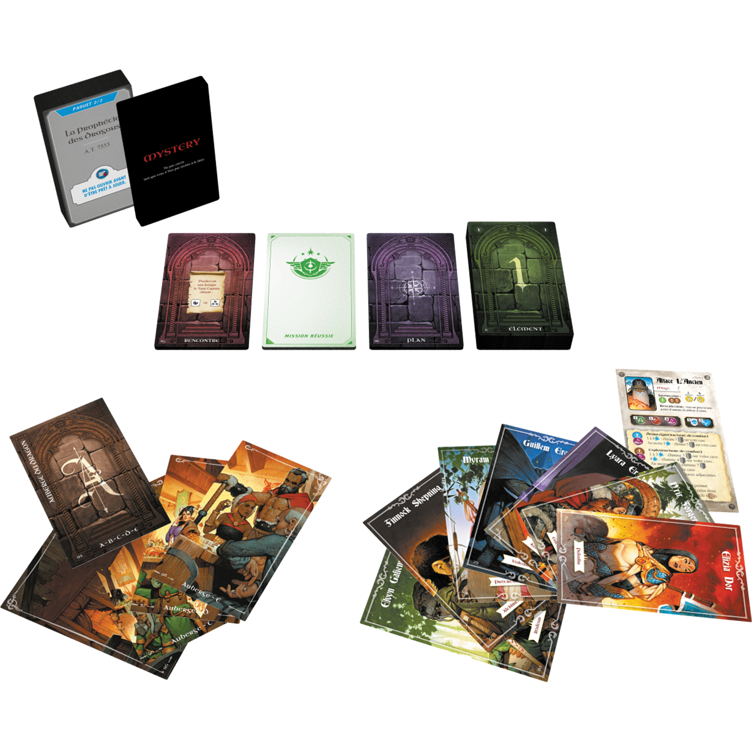 Ein Brettspiel mit Karten und Figuren, einschließlich der Box und verschiedener Spielteile.