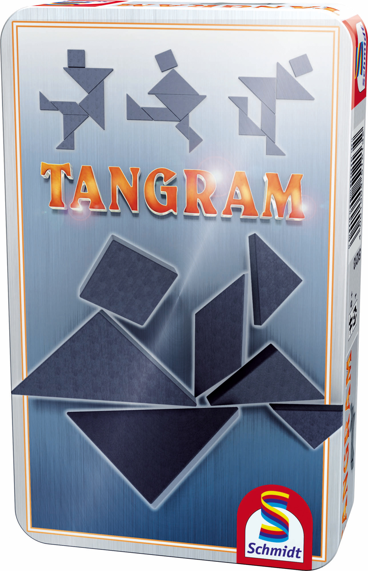 Pudełko z puzzlami Tangram z szarymi elementami i tytułem Tangram w kolorze pomarańczowym.