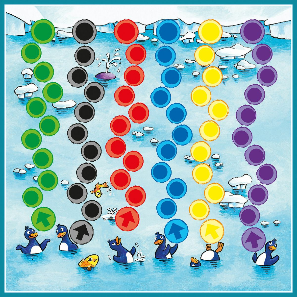Ein Brettspiel mit Pinguinen und bunten Kreisen auf blau-weißem eisigen Hintergrund.