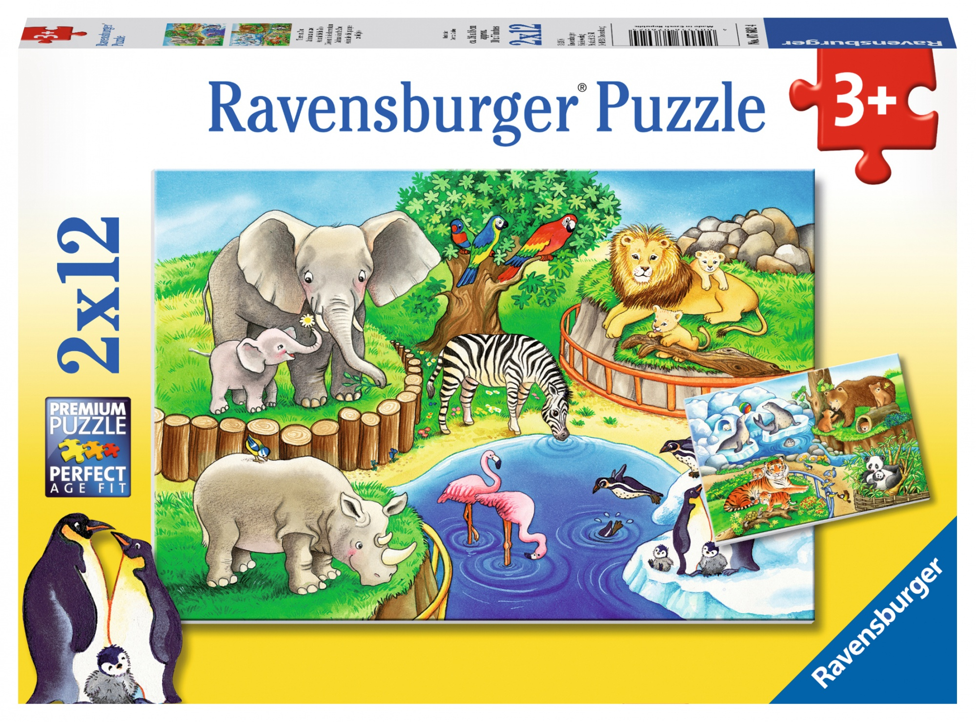 Scatola di puzzle con animali dello zoo e un'immagine del puzzle. Si vedono elefanti, zebre e altri animali.