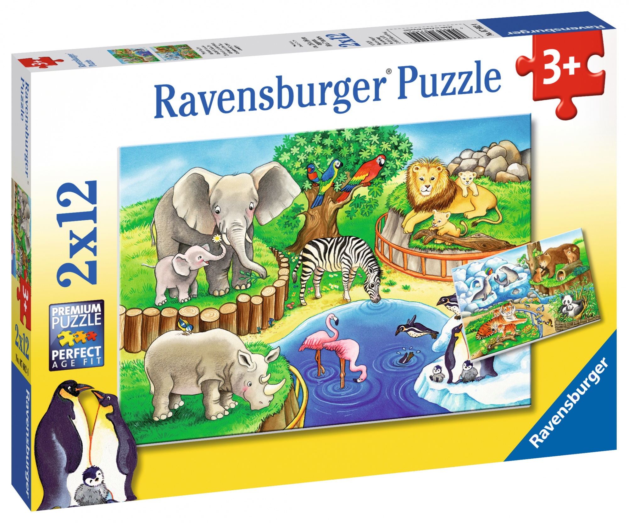 Scatola di puzzle con scena dello zoo: elefanti, zebre, leoni e pinguini. La scatola dice Ravensburger.