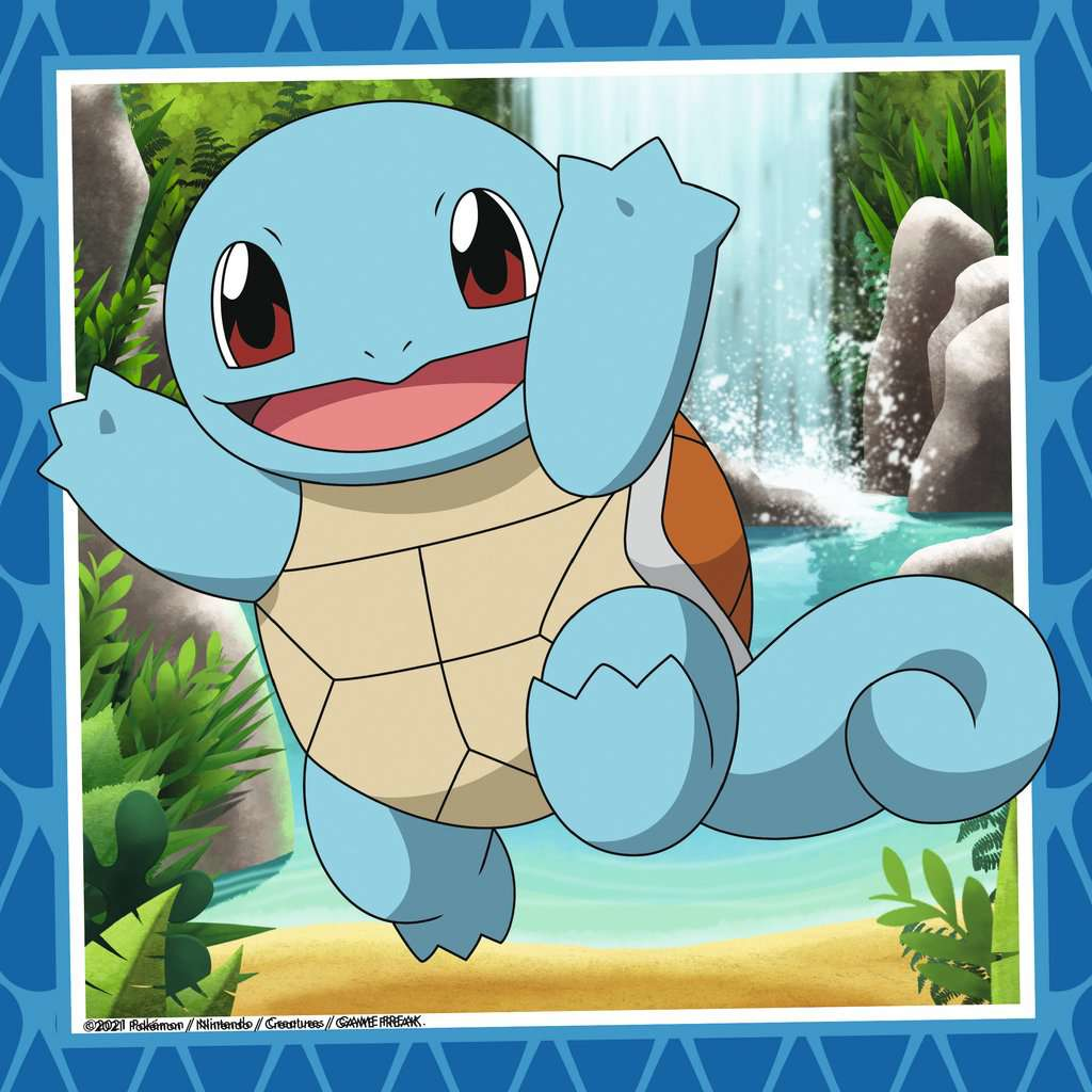 Squirtle, un Pokémon blu, fa segno. Sfondo: cascata, rocce, piante.