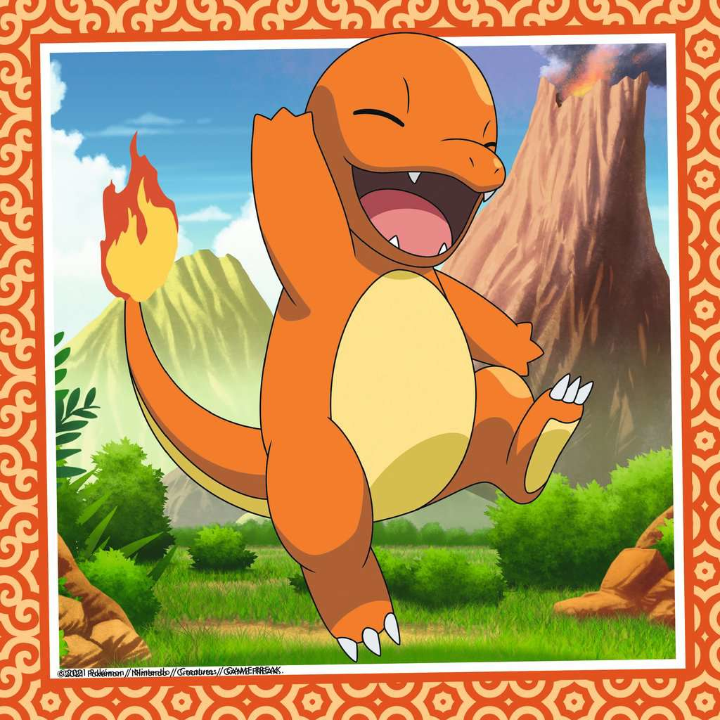Personaggio dei cartoni animati Charmander, arancione, che salta felicemente, con una fiamma sulla coda. Sfondo vulcano.