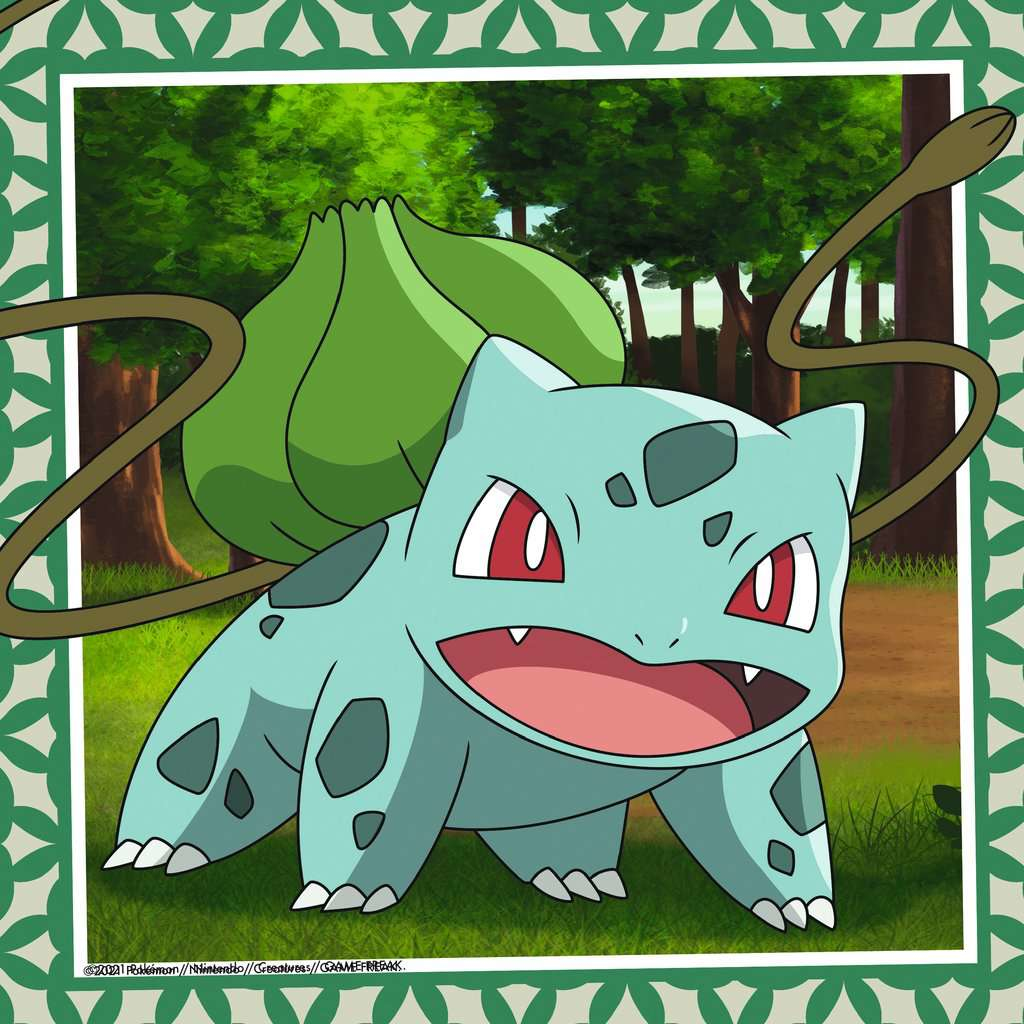 Bulbasaur, un Pokémon blu, in una cornice verde con sfondo foresta.