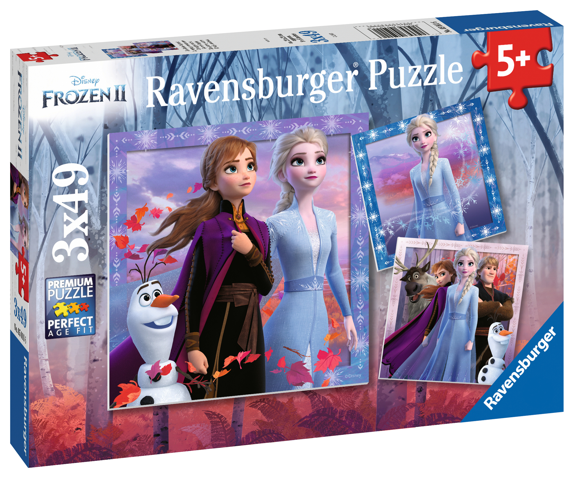 Scatola puzzle Frozen II Ravensburger con immagini di Elsa, Anna e Olaf. Sfondo innevato.