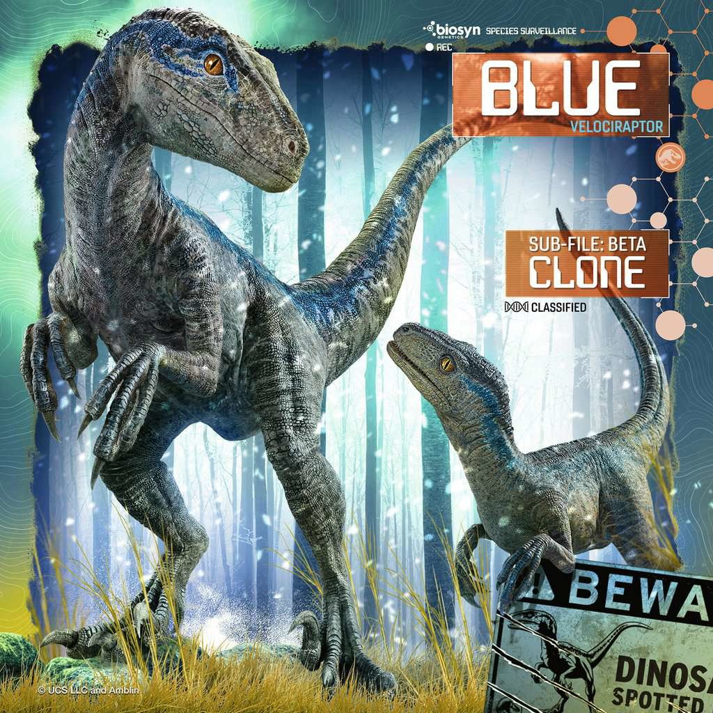 Due velociraptor blu, uno grande, uno piccolo, con testo sulla specie.
