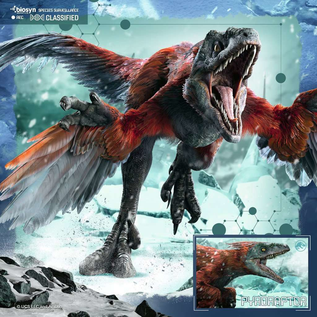 Un dinosauro con piume rosse e nere su uno sfondo innevato.