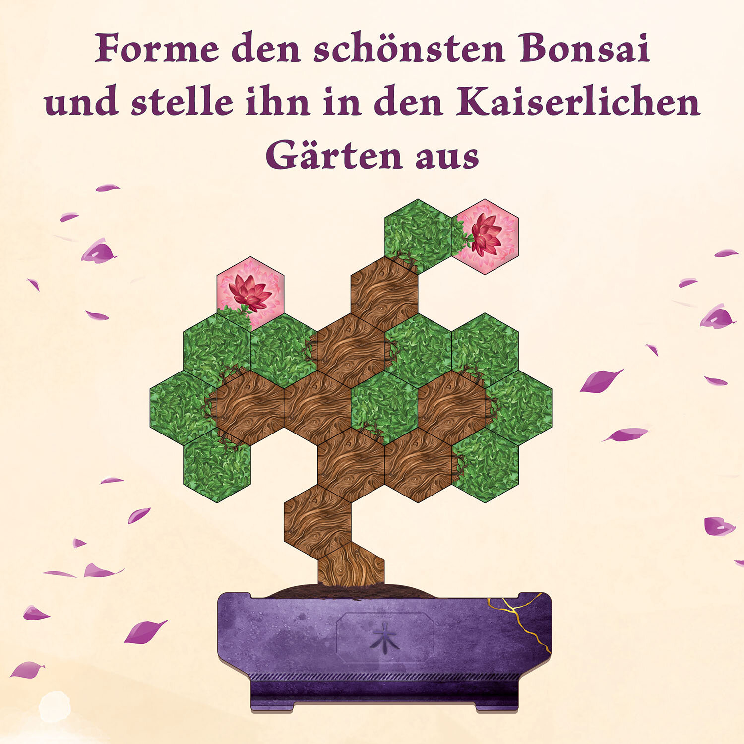 Un bonsái hecho de baldosas hexagonales en una maceta morada. Pétalos rosas cayendo.