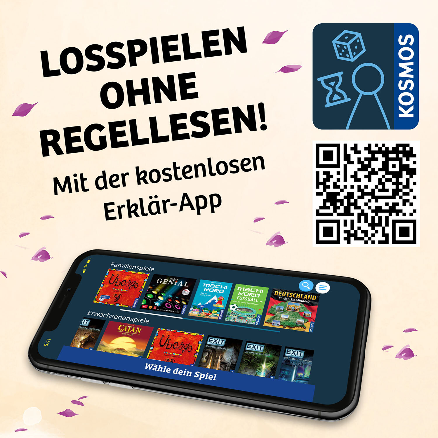 Un teléfono muestra una pantalla de selección de juegos con iconos. Un código QR y un logotipo son visibles.