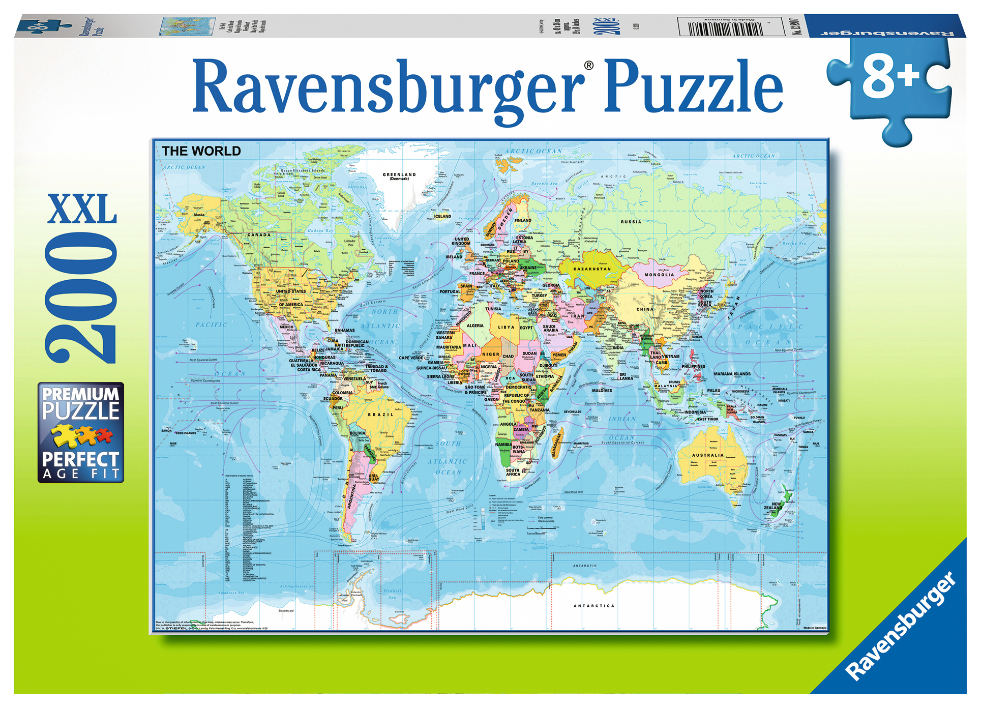 Puzzle z mapą świata z pudełkiem z napisem Ravensburger Puzzle.