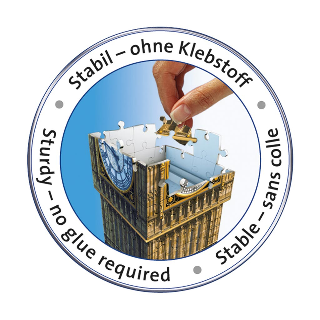 Puzzle Big Bena z ręką trzymającą element, tekst w okręgu.